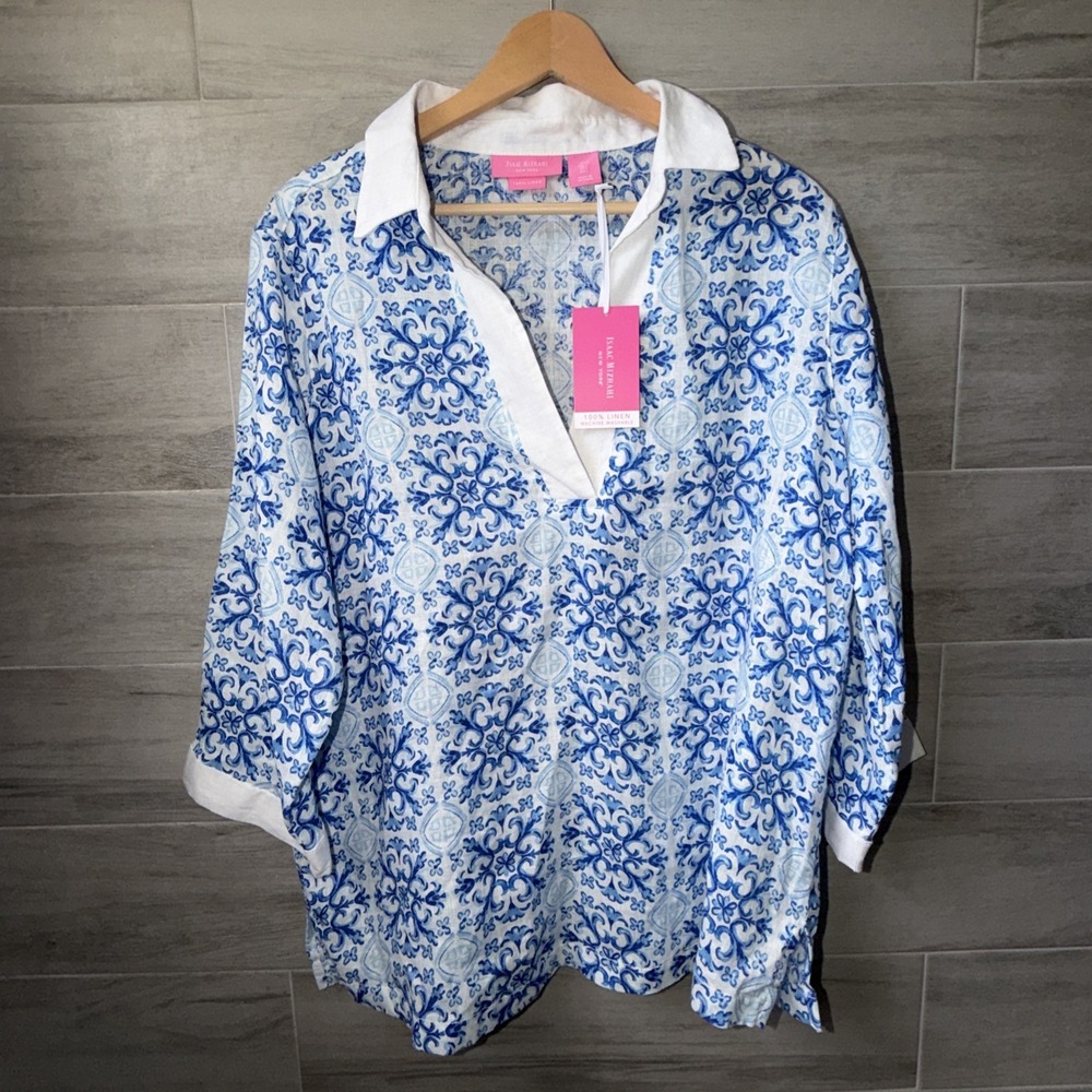 Isaac Mizrahi New York 100% Linen Tunic Top Size L Blue White NWT 3/4 Sleeve